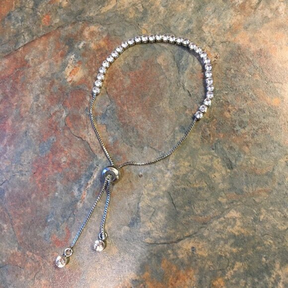 Silvertone Adjustable Slider Lariat Rhinestone Bracelet - Picture 3 of 5